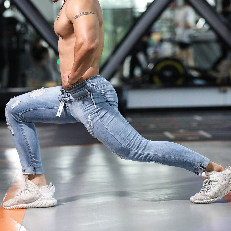 Men's Slim Ripped Jeans - Casual Breathable Denim Pants in Blue - Buy Center