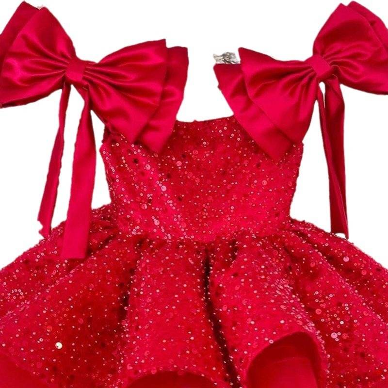 Girl’s Red Princess Dress - Tulle Skirt & Sequined Bow for Flower Girls - Buy Center