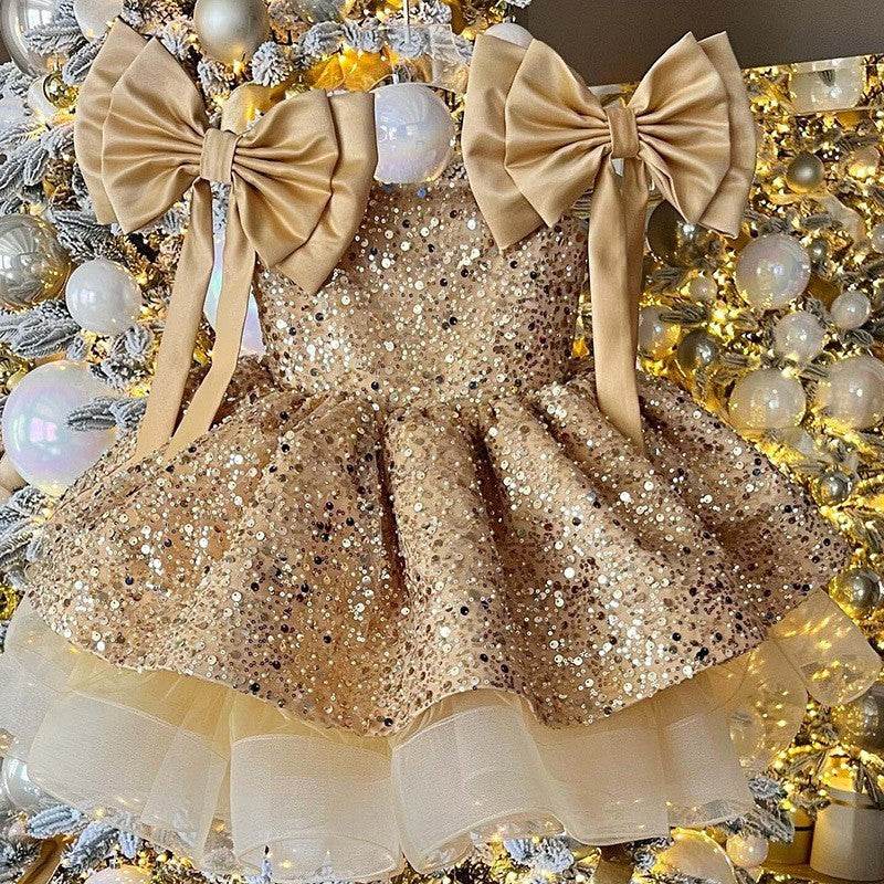 Girl’s Red Princess Dress - Tulle Skirt & Sequined Bow for Flower Girls - Buy Center