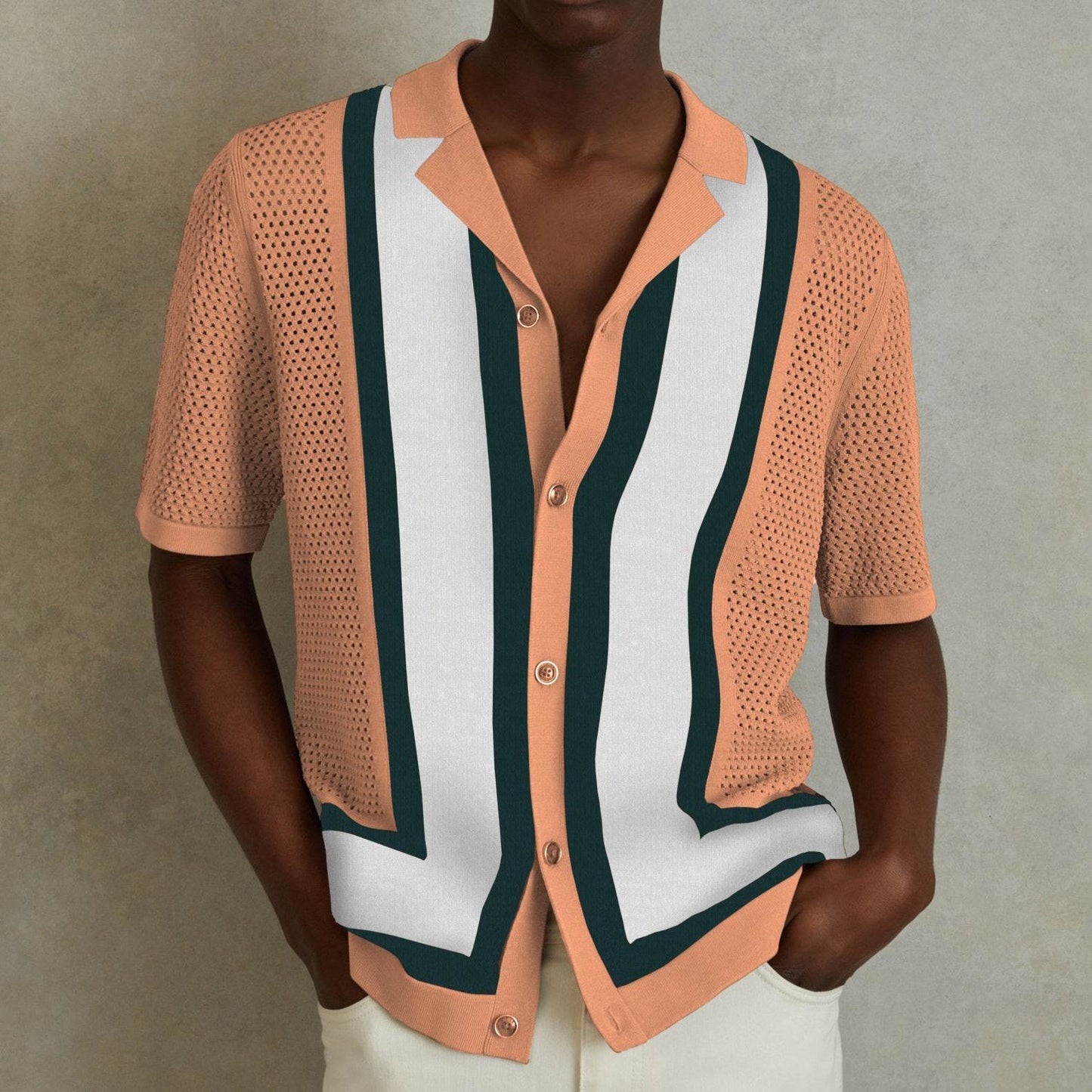 Men's Summer Striped Contrast Knitwear Top - Dark Blue, Army Green, Orange - Buy Center