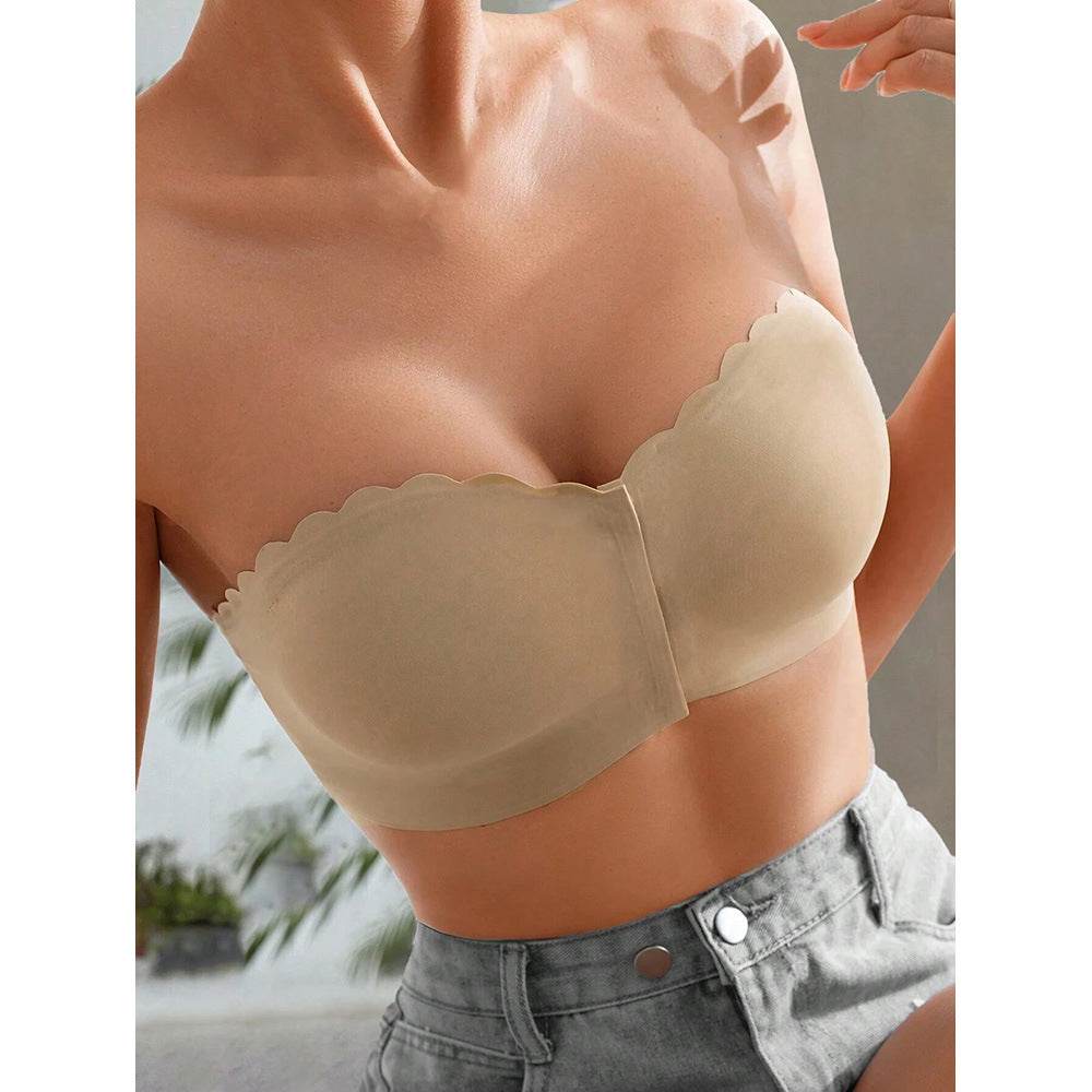 Front Buckle Seamless Tube Top - Wavy Edge Design in Skin Color - Buy Center