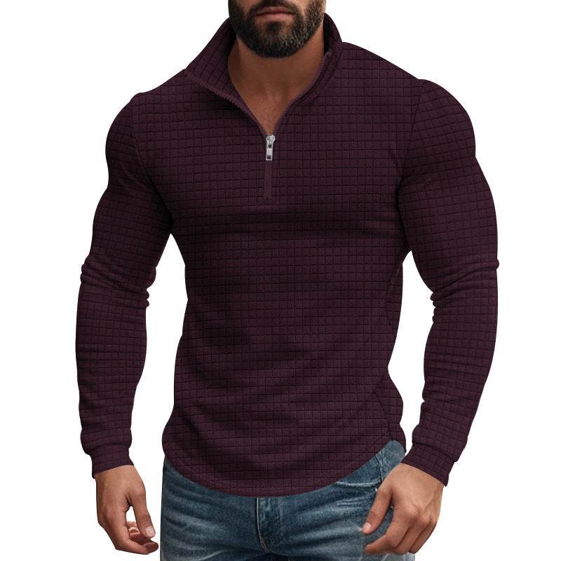Buycenter Retro Long Sleeve Men's Sweater - Half Zipper, Plaid Design - Buy Center
