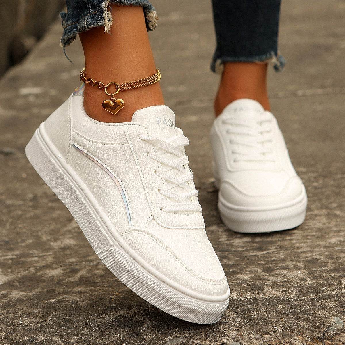 Stylish Lace-Up White Flats for Women - Trendy Round Toe Casual Shoes - Buy Center