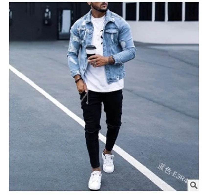 Donsignet Men's Denim Jacket - Casual Style with Irregular Wash and Holes - Buy Center