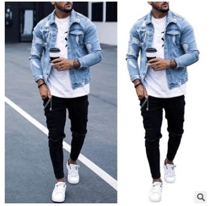 Donsignet Men's Denim Jacket - Casual Style with Irregular Wash and Holes - Buy Center