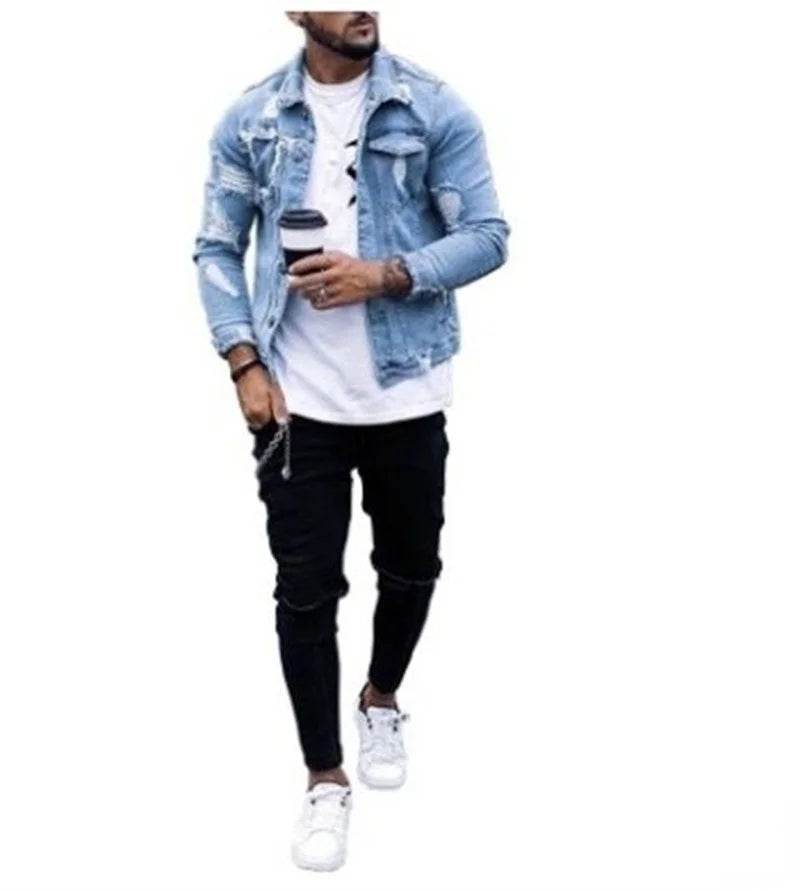 Donsignet Men's Denim Jacket - Casual Style with Irregular Wash and Holes - Buy Center
