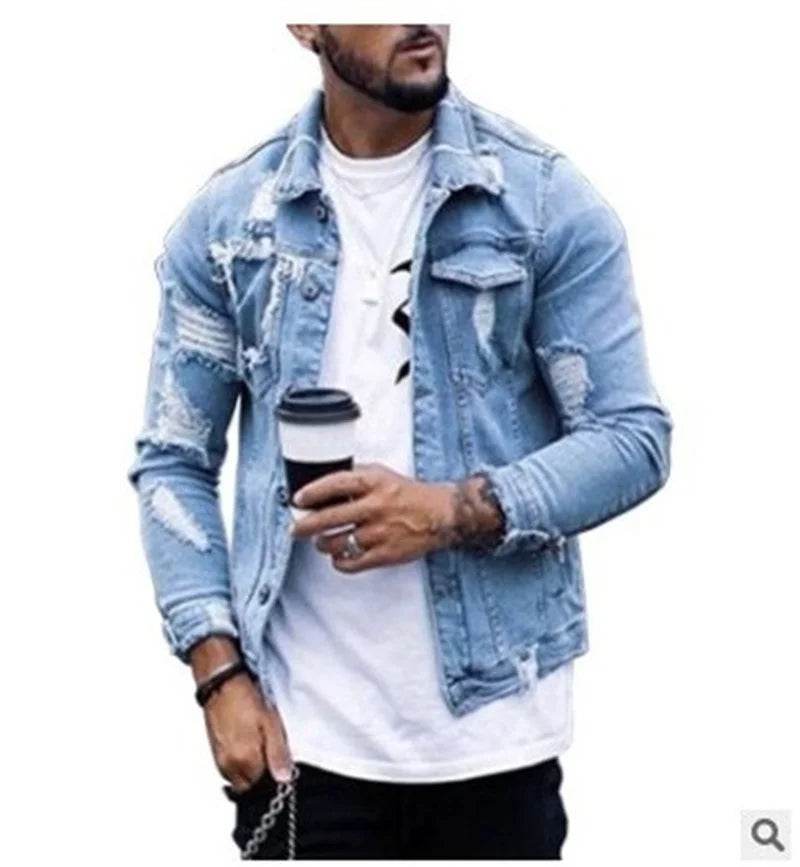 Donsignet Men's Denim Jacket - Casual Style with Irregular Wash and Holes - Buy Center