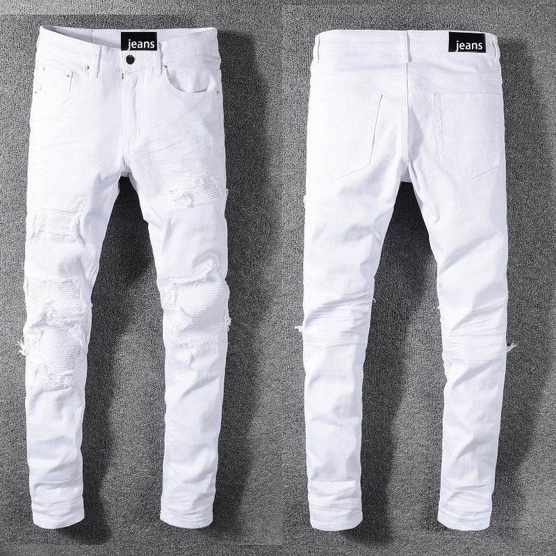 High Street Slim Men's Jeans - Tear Patch Design, Straight Fit, White - Buy Center