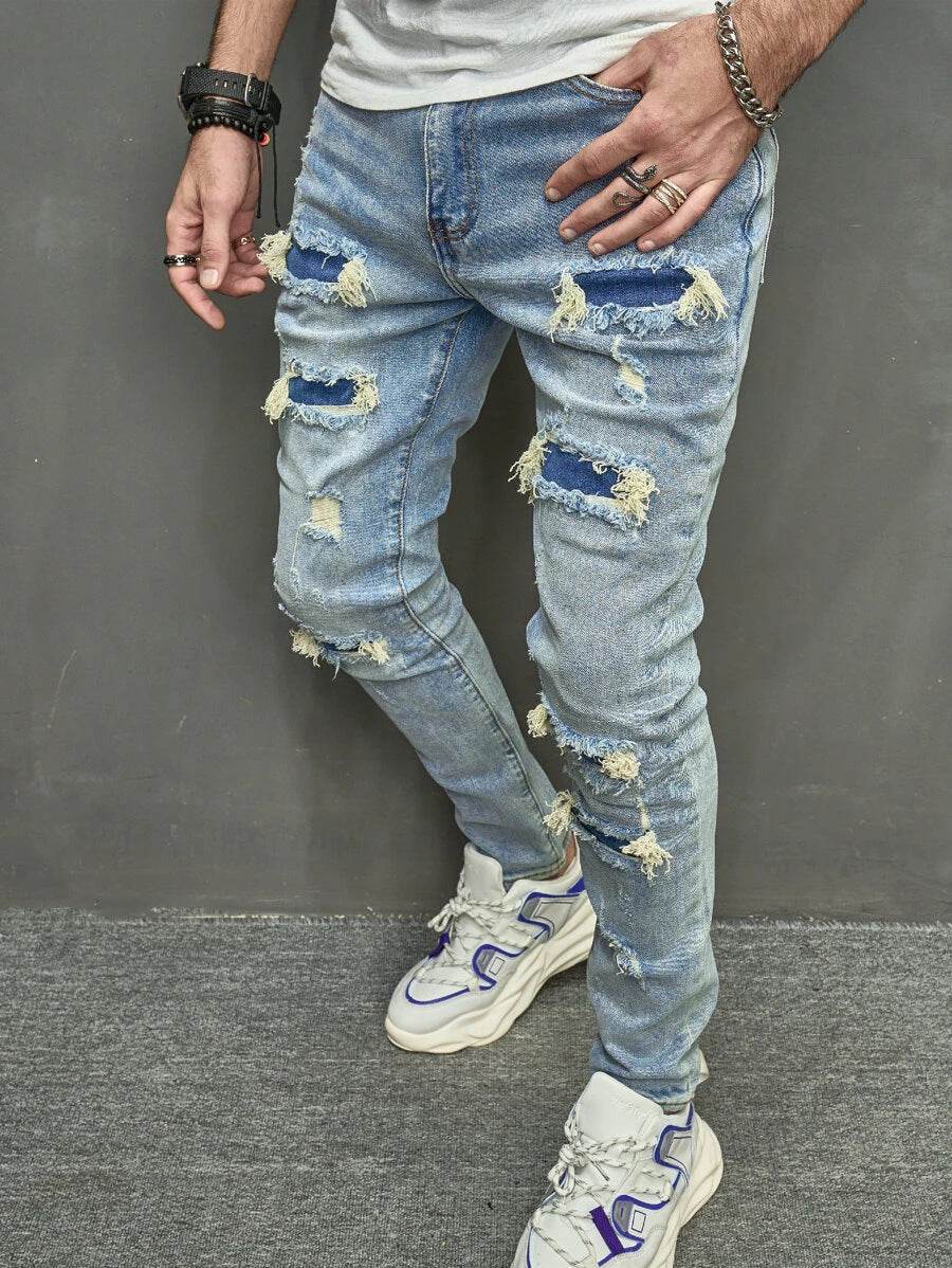 Men's Skinny Stretch Jeans - High Quality Mid Waist Trousers, Blue - Buy Center