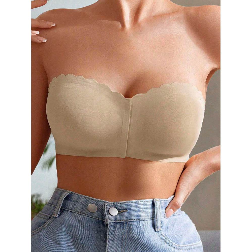 Front Buckle Seamless Tube Top - Wavy Edge Design in Skin Color - Buy Center