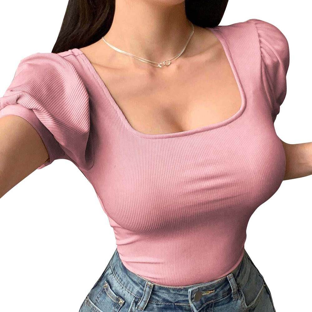 Sweet Girl U-Neck T-Shirt - Stylish Short Sleeve Top in Elegant Pink - Buy Center