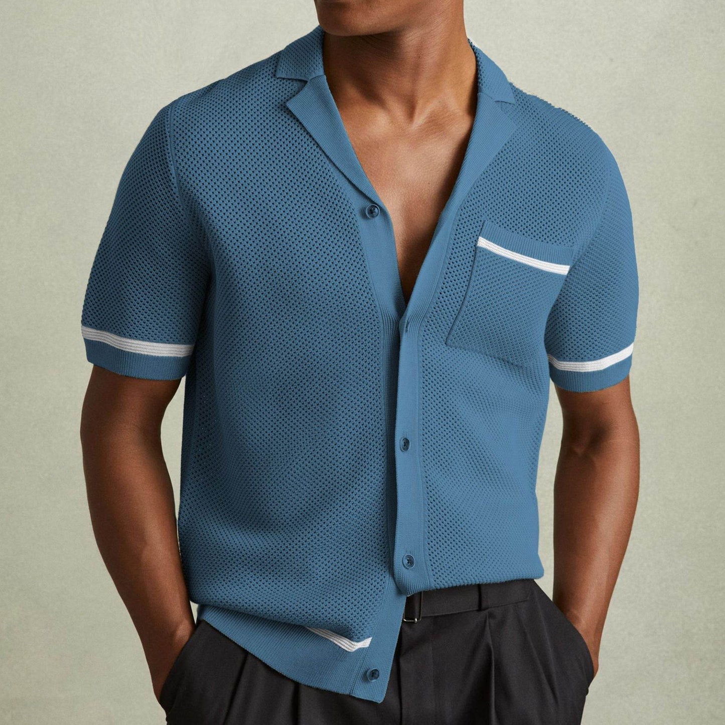 Men's Summer Cuban Collar Polo Shirt - Lightweight Knitwear in Gray, Green, Blue - Buy Center