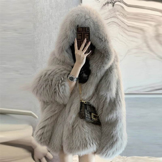 Online Influencer Hooded Faux Fur Coat - Trendy Elephant Gray Style - Buy Center