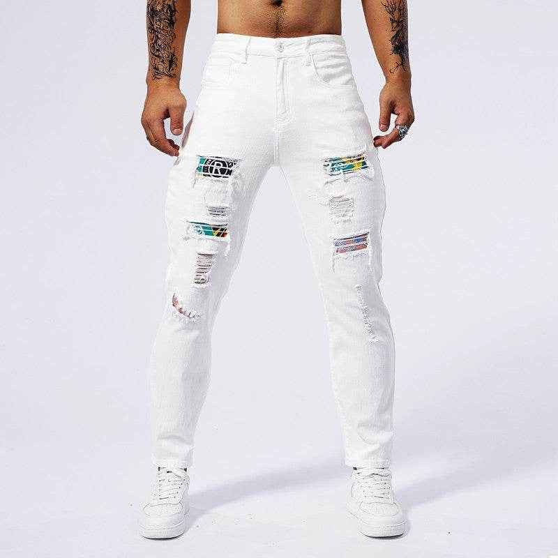 Men's Slim Fit White Ripped Jeans - Trendy Patchwork Style for 2025