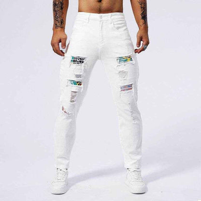 Men's Slim Fit White Ripped Jeans - Trendy Patchwork Style for 2025