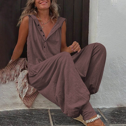 New Button Hooded Sleeveless Jumpsuit - Stylish & Comfortable for All Sizes - Buy Center