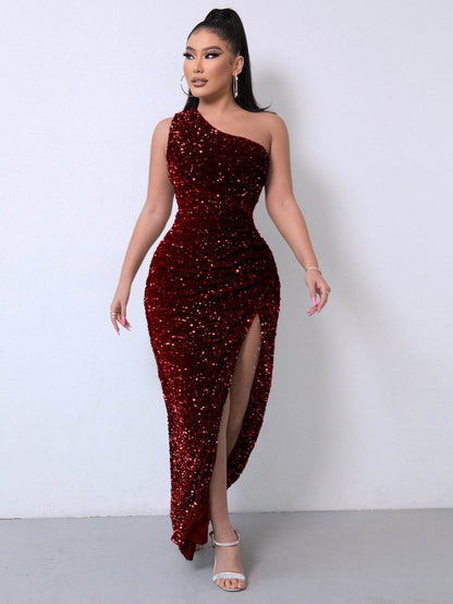 Buycenter Women's Sleeveless One Shoulder Dress - Sequins & Gorgeous Slit - Buy Center