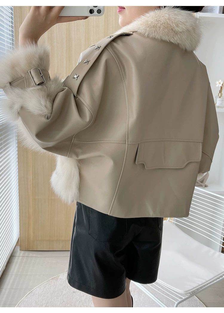 Sense Fox Fur Stitching Leather Coat - Retro Elegant Women's Outerwear - Buy Center
