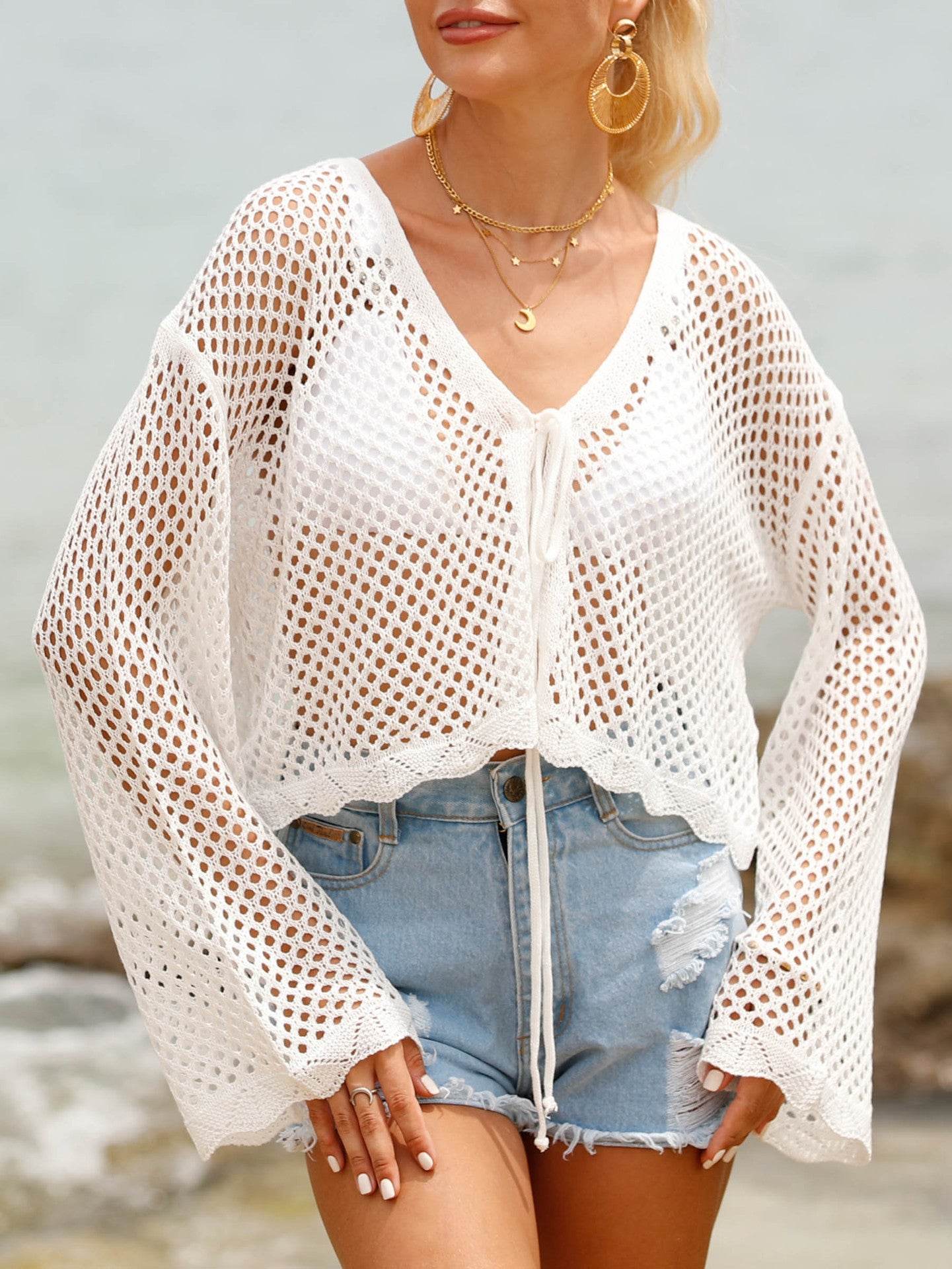 Buycenter Women's Lace-up Cardigan Blouse - Sun Protection, Long-sleeved - Buy Center