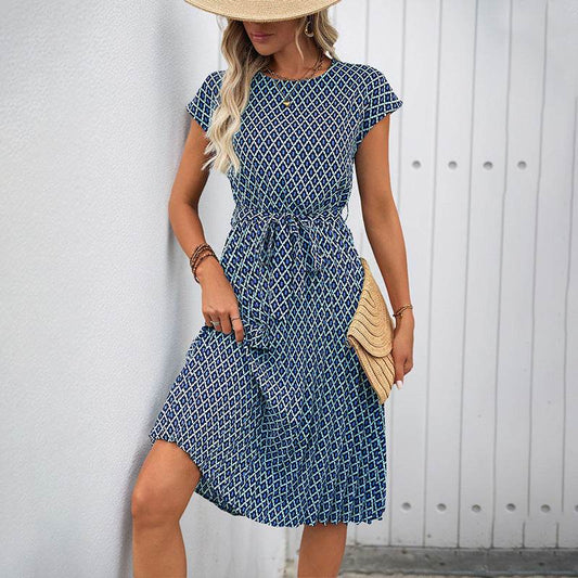 Elegant Round Neck Lace-Up Dress - Blue A-Line Flight Sleeve Style - Buy Center