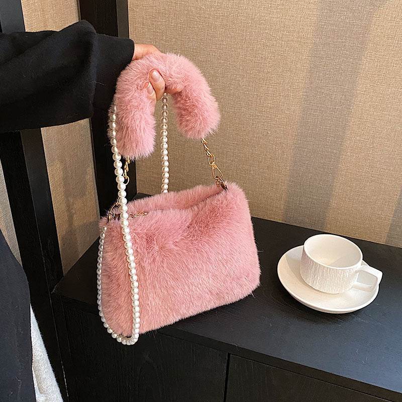 Pearl Chain Plush Bag - Stylish Clutch for Women in Milky White & Khaki - Buy Center