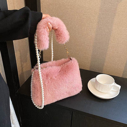 Pearl Chain Plush Bag - Stylish Clutch for Women in Milky White & Khaki - Buy Center