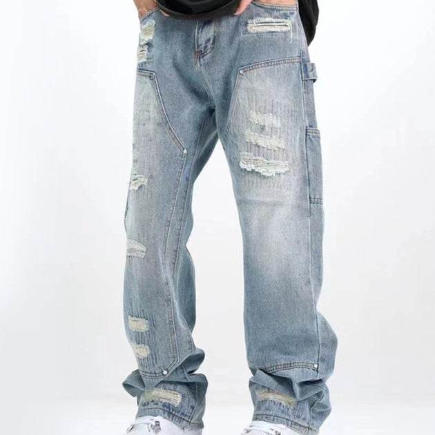 Buycenter Men's Ripped Jeans - Washed & Frayed Light Blue Casual Style - Buy Center