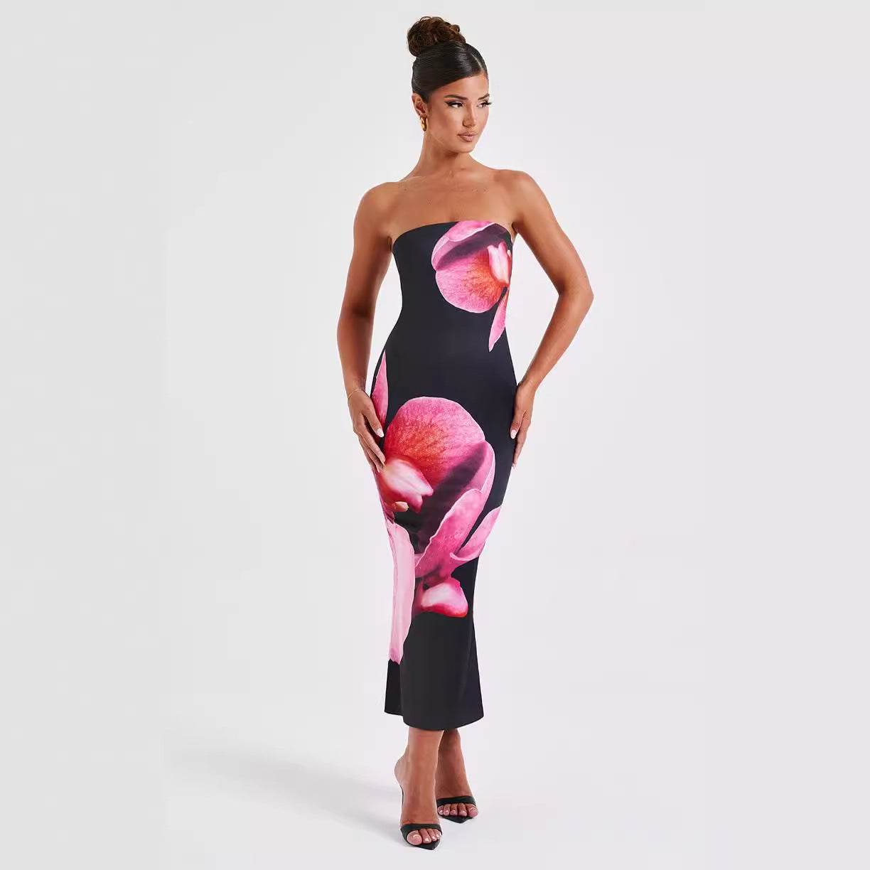 Buycenter Long Tube Top Sheath Dress - Floral Print, High Waist Design - Buy Center