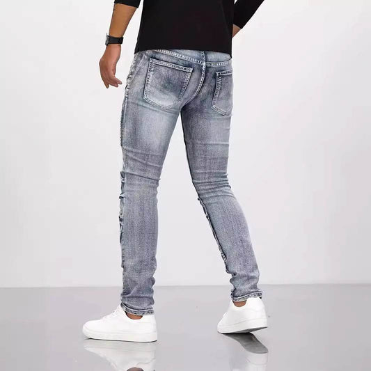 Retro Casual Stretch Motorcycle Jeans for Men - Mid Waist, Light Blue - Buy Center