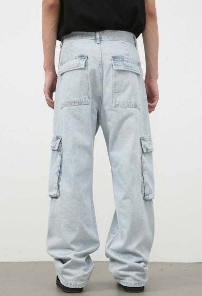 Retro Light Blue Cargo Jeans for Men - Trendy Korean Style, Loose Fit - Buy Center