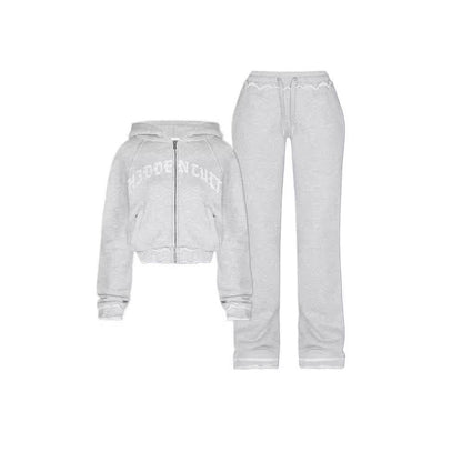 Buycenter Casual Cropped Hoodie Trousers Suit - Light Gray Street Style - Buy Center
