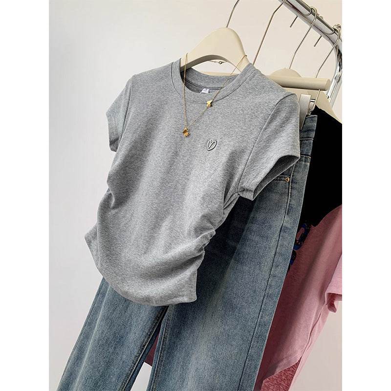 Buycenter Ladies Gray Short Sleeve T-shirt - Love Embroidery Design - Buy Center