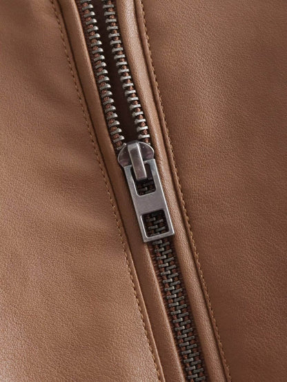 Women's Stand Collar Motorcycle Jacket - Premium Stylish Fur in Tan & Beige - Buy Center