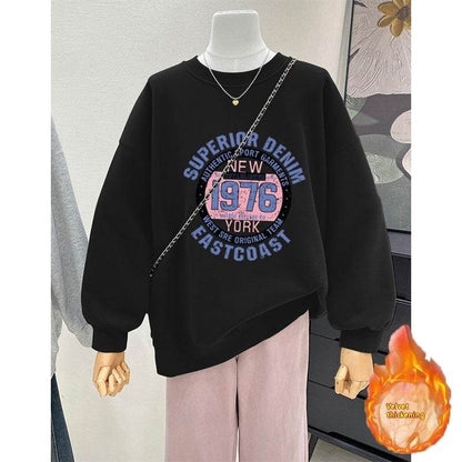 Retro Loose Round Neck Hoodie for Women - Cartoon Design & Long Sleeve - Buy Center