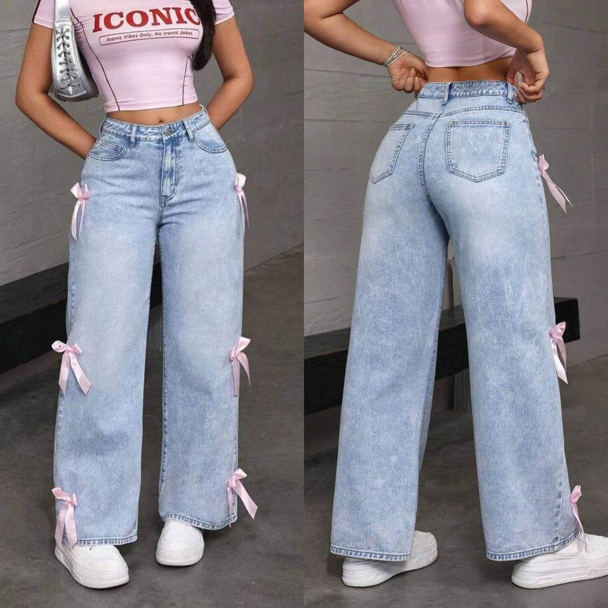 Buycenter Women's Bowknot Collage Jeans - Loose Straight-Leg Pants - Buy Center