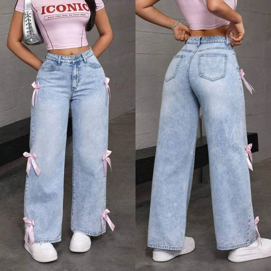 Buycenter Women's Bowknot Collage Jeans - Loose Straight-Leg Pants - Buy Center