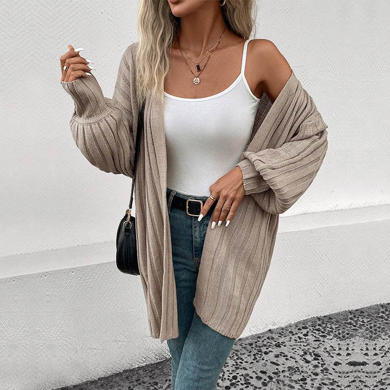 Buycenter Women's Long-Sleeve Cardigan Sweater - Thin Knit Khaki Style - Buy Center