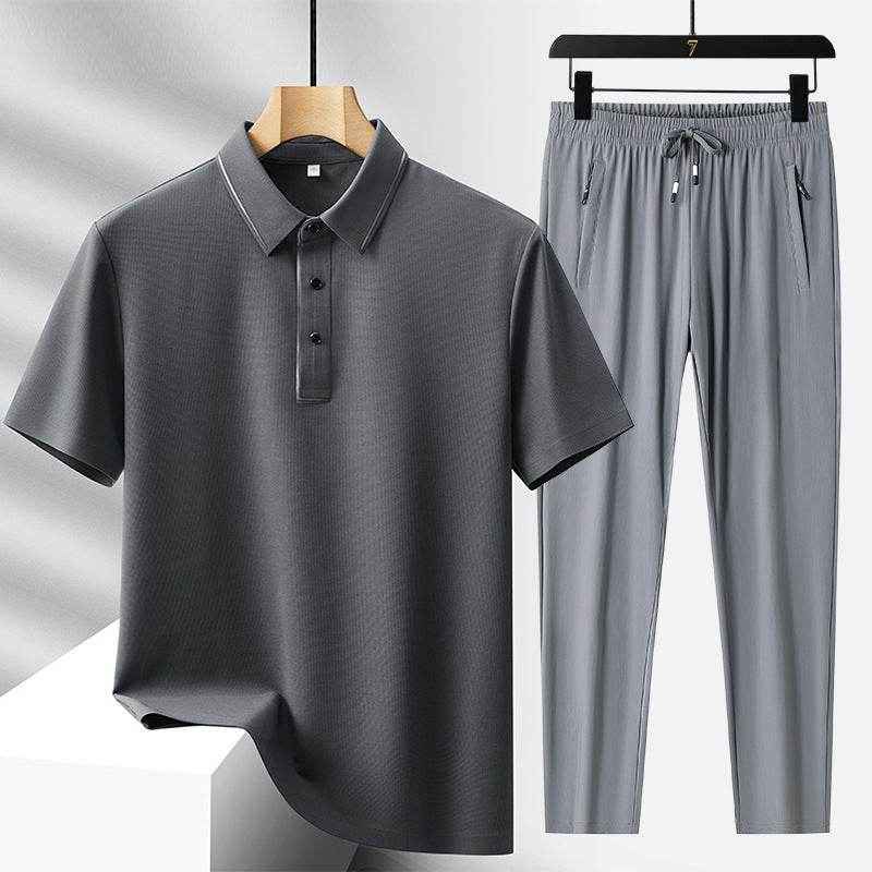 Men's Light Luxury Ice Silk Polo Shirt & Trousers Leisure Suit 2025