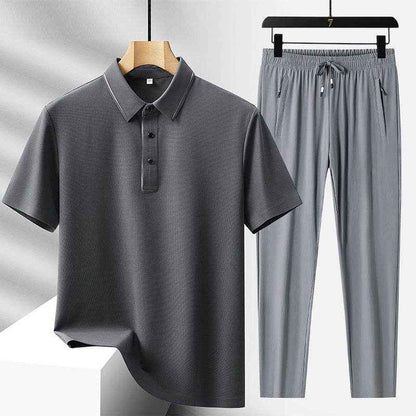 Men's Light Luxury Ice Silk Polo Shirt & Trousers Leisure Suit 2025