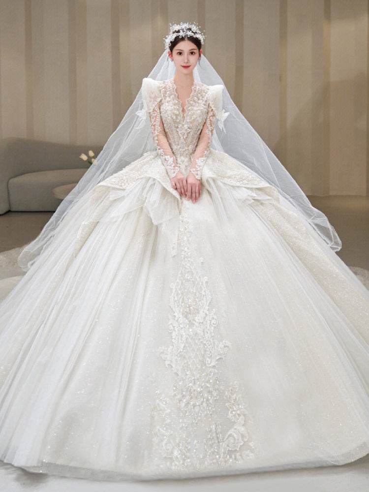 Bride Main Yarn Long Sleeve Wedding Dress - French Retro Trailing Elegance - Buy Center