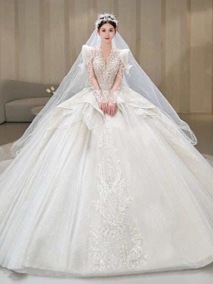 Bride Main Yarn Long Sleeve Wedding Dress - French Retro Trailing Elegance - Buy Center
