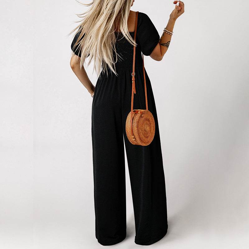 Women's Square Collar Black Jumpsuit - Chic Short Sleeve Design 2025 - Buy Center