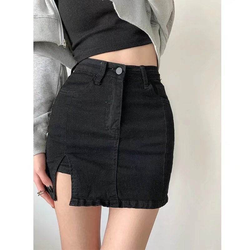 Buycenter Black Denim Skirt for Women - Trendy Splicing Design, Spring Fashion - Buy Center