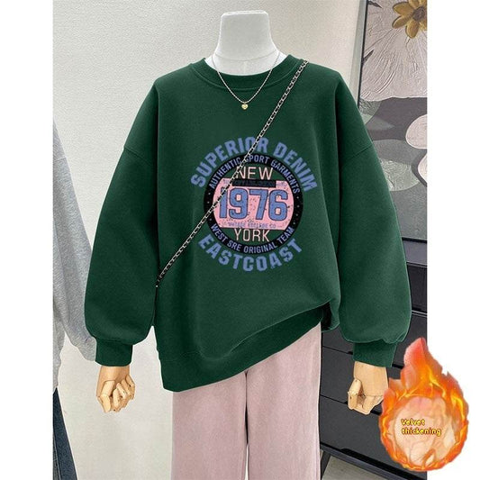 Retro Loose Round Neck Hoodie for Women - Cartoon Design & Long Sleeve - Buy Center
