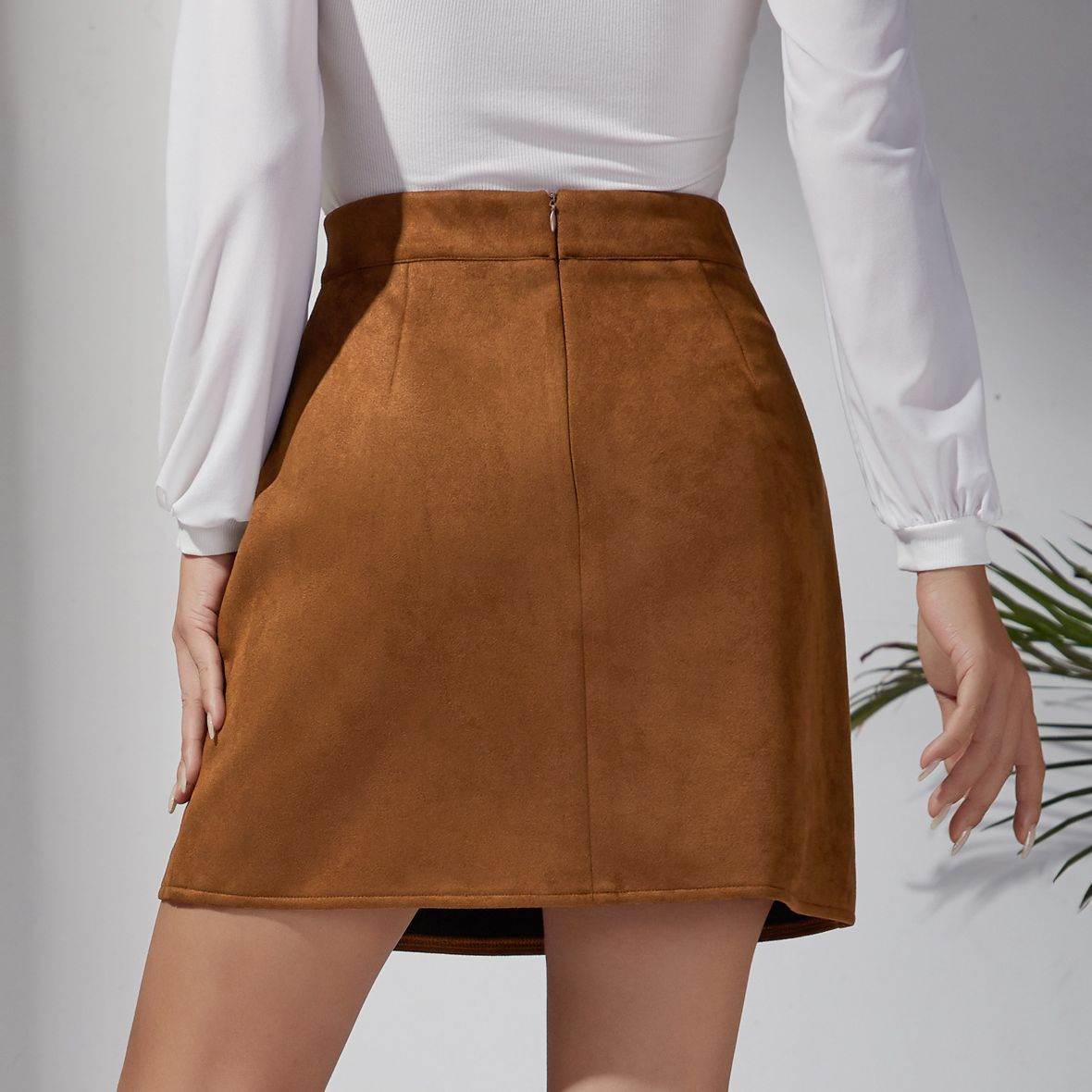 Buycenter Women's Suede High Waist Skirt - A-Line with Metal Buckle - Buy Center