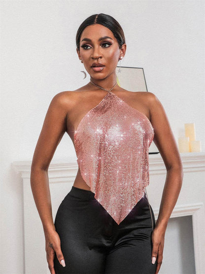 Sexy Solid Color Halter Top - Sequin Sling Style for Trendy Women - Buy Center