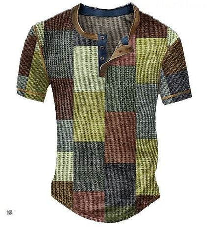 Men's Waffle Henley Shirt - Trendy Graphic Plaid Color Block Style - Buy Center