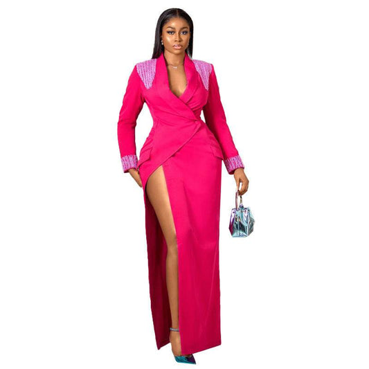 Elegant Rose Red A-Line Dress - Deep V Split for Bridesmaids 2025 - Buy Center