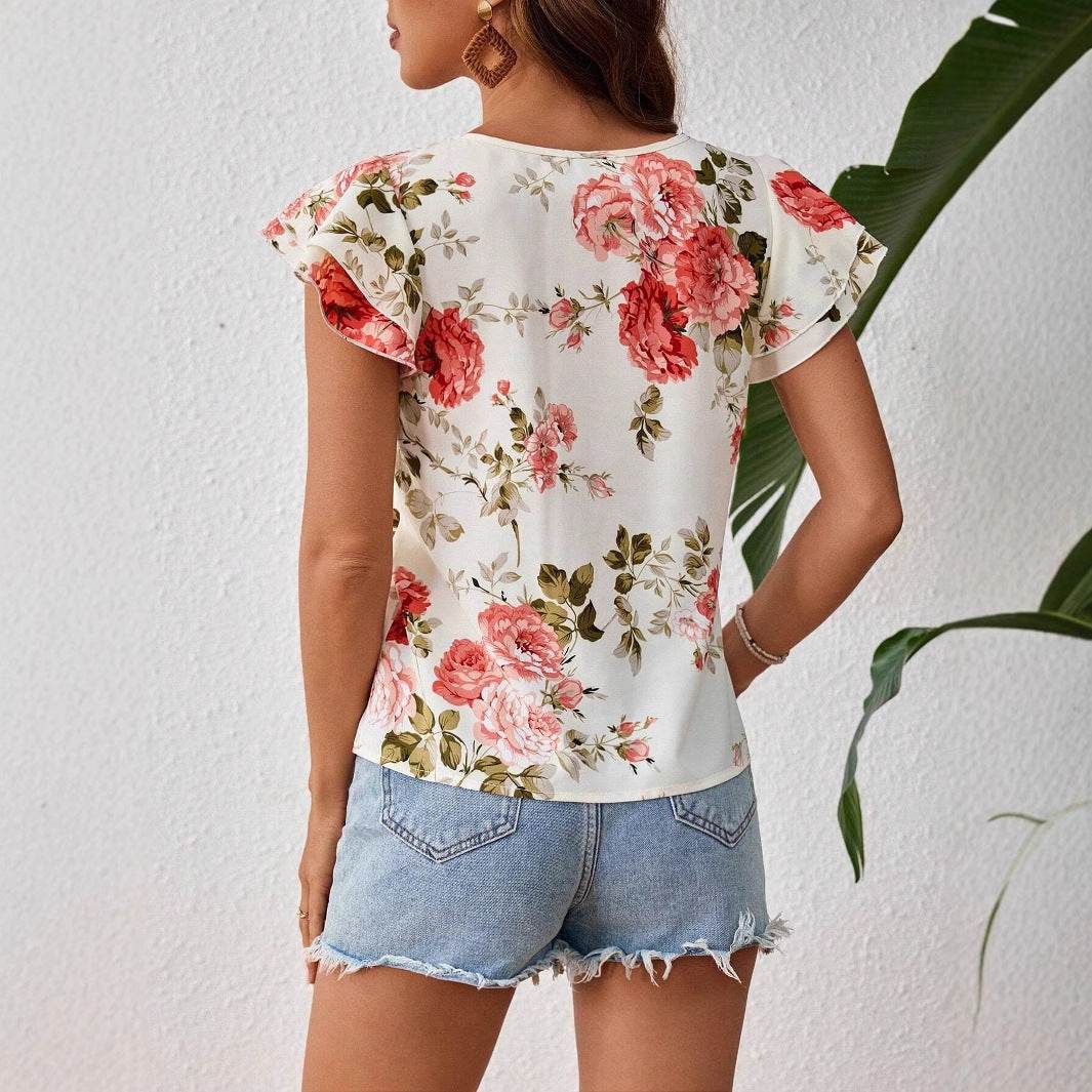 Buycenter Women's Floral Print Short Sleeve Shirt - Summer Fashion Ruffled Top - Buy Center