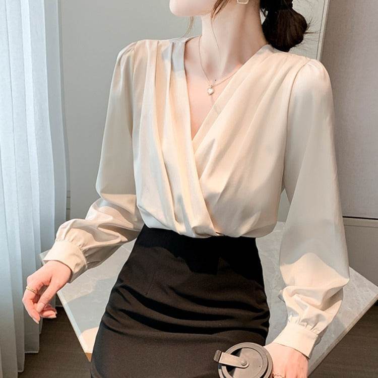 Women's V-Neck Satin Long-Sleeved Shirt - Stylish Work Blouse, Sizes S-2XL - Buy Center